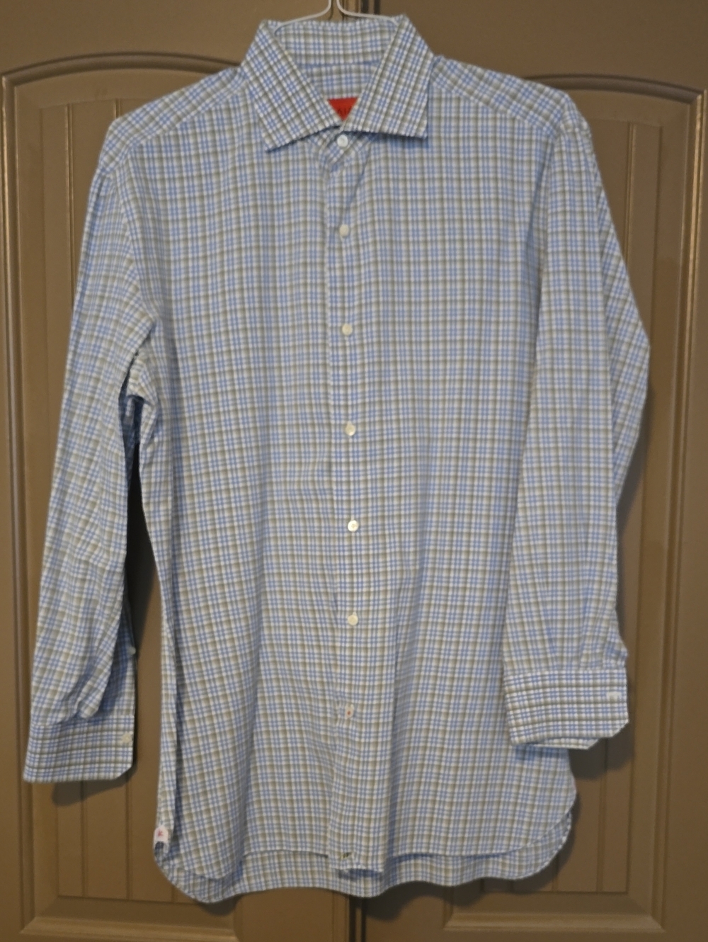 Isaia Light Blue and White Plaid Dress Shirt 16.5 42